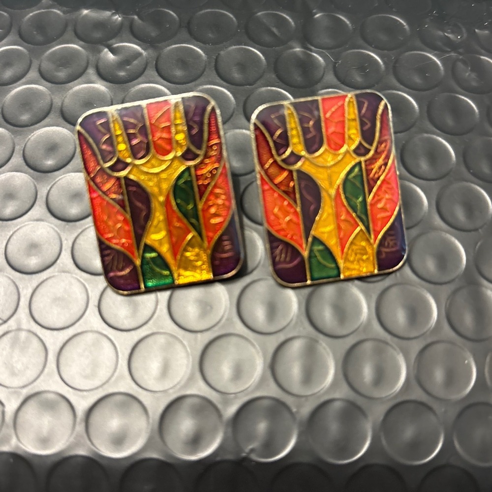 Vintage‎ Abstract Art deco Floral Enamel Earrings Post Back Multicolor Gold Tone